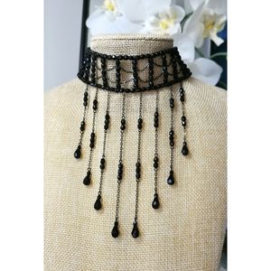 Vintage Black fringe choker necklace Czech crystals
